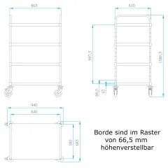 Mazeichnung des Hupfer Edelstahl Etagenwagens VarioCart VC 8x6/4 L-L mit 4 verstellbaren Borden, optimiert fr EURO-Boxen 60x40 cm, mit leisen Rollen und stabiler Bauweise.
