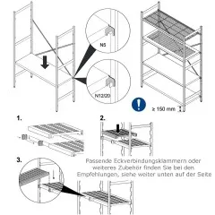 Schrittweise Darstellung der Montage eines Hupfer Norm-12 Regals mit Kunststoff Rostauflagen. Die Regalroste werden in die Rahmenkonstruktion eingehngt und ohne Werkzeug fixiert. Die Anleitung zeigt die einfache Positionierung und Hheneinstellung.