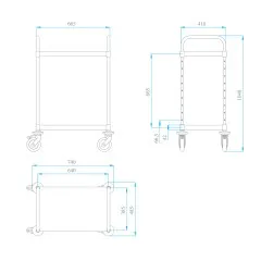 Technische Zeichnung des Hupfer Servierwagens VarioCart VC 6x4/2M mit 2 schallgedmmten Borden fr 60x40 cm Eurobehlter. Abmessungen: 740x485x1048 mm (B/T/H).