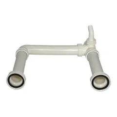 Bildbeschreibung: Obere Anschlussansicht einer 2 Zoll Universal-Ablaufgarnitur aus weiem Kunststoff fr zwei gewerbliche Splbecken. Mit Waschmaschinenanschluss, Abgang 50 mm, inklusive Dichtungen, ohne Siphon, fr den professionellen Einsatz geeignet.