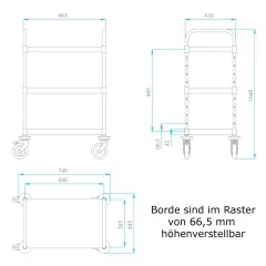 Hupfer Edelstahl Servierwagen VarioCart - VC 6x4/3 M-L - 3 Borde
