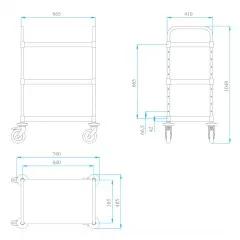 Technische Zeichnung des Hupfer Servierwagens VarioCart VC 6x4/3M mit 3 schallgedmmten Borden fr 60x40 cm Eurobehlter. Abmessungen: 740x485x1048 mm (B/T/H).