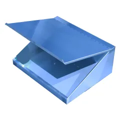 Ansicht des CAT Edelstahl Schreibpults SP-WB-1-40 mit geffnetem Deckel. Mae 500x400x200 mm (B/T/H), gefertigt aus Edelstahl 1.4301, rostfrei 18/10. Zur Wandmontage mit Innenfach und Ablagemulde, klappbarer Deckel, stabil und wetterbestndig fr Auen.