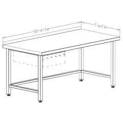 Mazeichnung vom Edelstahl-Arbeitstisch mit 1,5 mm starker, holzfrei unterftterter Platte. Offener Unterbau, ideal fr ergonomisches Arbeiten. Tischplattentiefe 60 cm, durchgehende Platte. Stabile Konstruktion, Breite whlbar von 40 cm bis 300 cm.