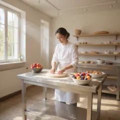 CAT Edelstahl Arbeitstisch ATB08-04-30 mit stabilem Ablageboden und 1,5 mm holzfrei unterftterter Tischplatte mit hinterer Aufkantung. Anwendungsbeispiel: Gemse schneiden auf der Terrasse. Edelstahlmbel fgen sich optimal in jede vorhandene Umgebung ei