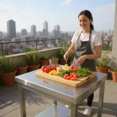 CAT Edelstahl Arbeitstisch ATB08-04-30 mit stabilem Ablageboden und 1,5 mm holzfrei unterftterter Tischplatte. Anwendungsbeispiel: Einsatz in Konditorei oder Bckerei, ideal fr die hygienische Verarbeitung von Teig, Gebck und Backwaren.