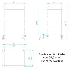 Technische Mazeichnung des Hupfer Variocart VC 8x6/4 L Schwerlast Edelstahl Servierwagens mit 4 hhenverstellbaren Borden. Auenma: 1.021 x 685 x 1.381 mm (B/T/H). Bordma: 800 x 600 mm, Traglast je Bord: 75 kg, Gesamtnutzlast: 300 kg. Optimiert fr