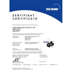 GS-Zertifikat fr die Hupfer Lager- und Standregale Typ Norm-35, geprft fr hchste Sicherheit und Qualitt, ideal fr hygienische und belastbare Anwendungen.