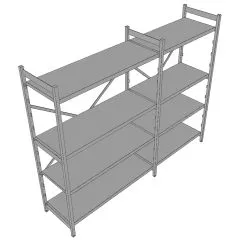3D-Ansicht des Hupfer Regals Norm-35 mit den Maen 230x51x180/200 cm, ausgestattet mit hochwertigen Edelstahl Blechauflagen - ideal fr Hygiene-, Khl- und Lagerbereiche.