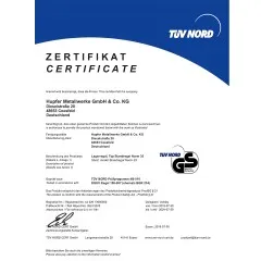 GS-Zertifikat fr die Hupfer Lager- und Standregale Typ Norm-35, geprft fr hchste Sicherheit und Qualitt, ideal fr hygienische und belastbare Anwendungen.