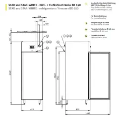 Technische Mazeichnung des Chromonorm STAR-BLACK Tiefkhlschranks CHKMT065S001, schwarzer Tiefkhlschrank mit Edelstahlgehuse, Darstellung von Breite, Tiefe, Hhe und Gerteaufbau.